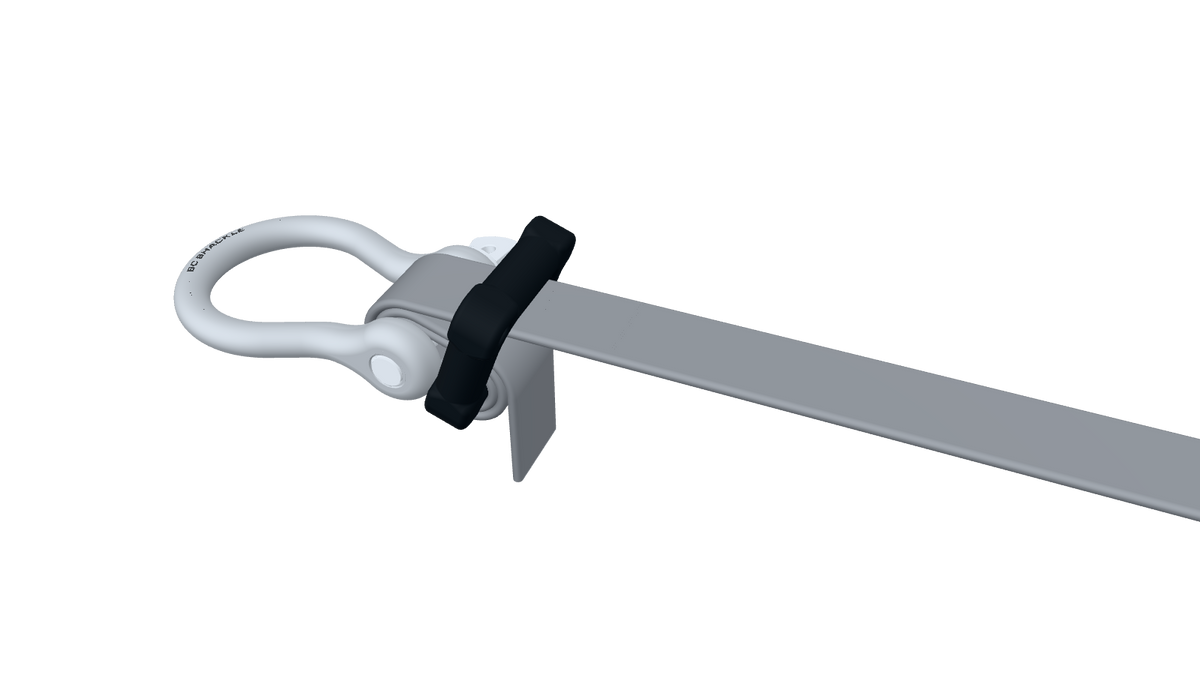 One end of the webbing wrapped around a shackle pin and woven through a MightyLock, the tensioned line leaving toward the span and the tail coming out below.